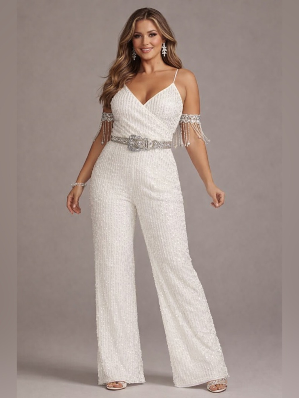 NEW David’s Bridal white sequined spaghetti strap blouson jumpsuit size 8